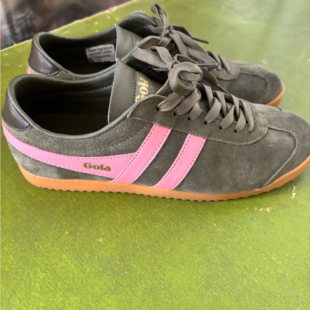 Gola Olive Leather Sneakers with Pink Accent